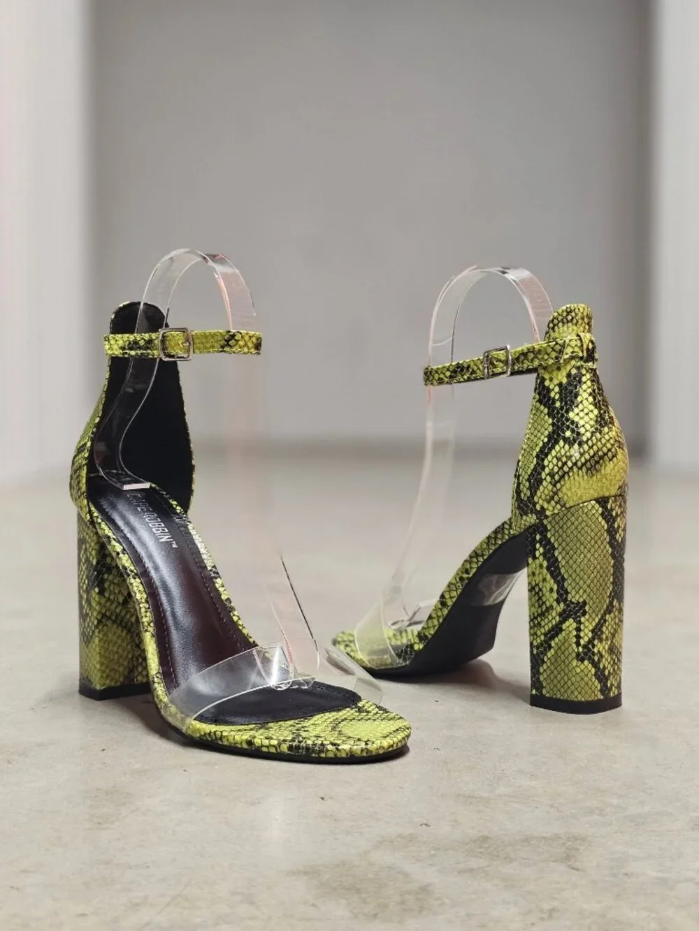Green Snake Print Heeled Sandals With Clear Strap & Adjustable Ankle Buckle Bloc